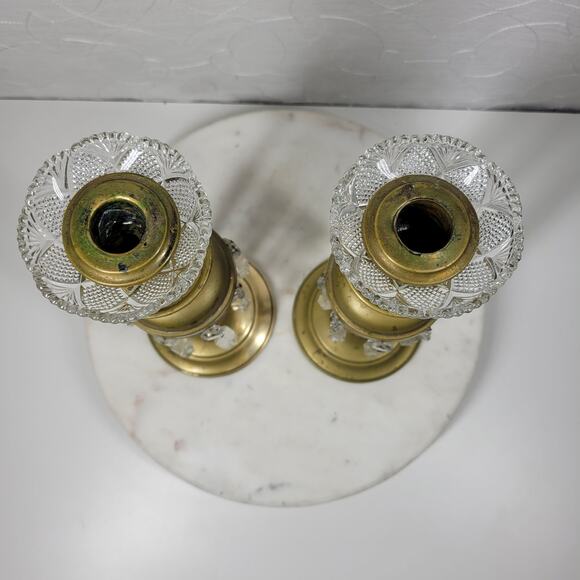 Antique Brass Girandole Candlesticks 11" Gold 8 Clear Hanging Crystals Set of 2 - Picture 7 of 16